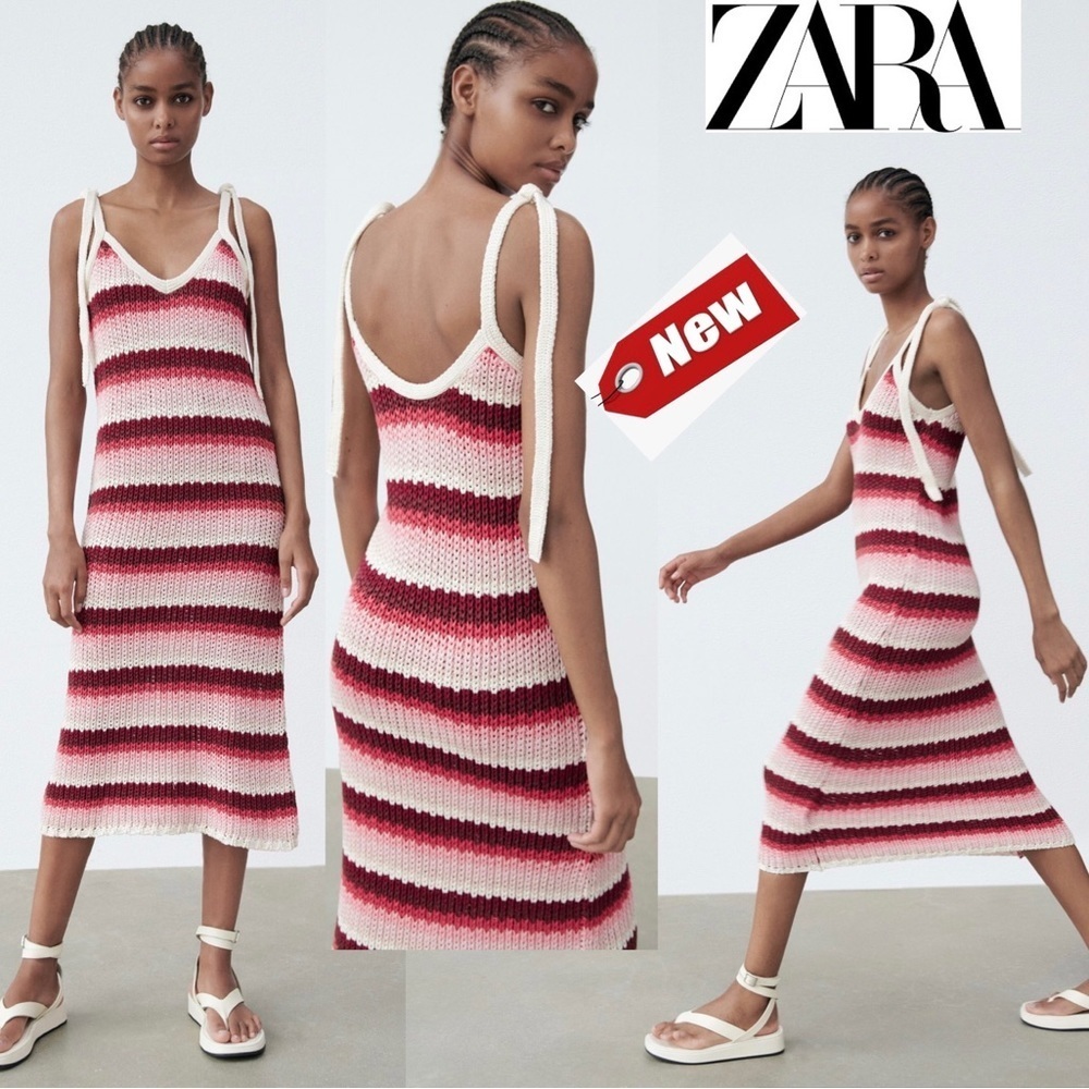 ZARA STRIPED KNIT MIDI DRESS LIMITED EDITION red pink cream Sz L NWT